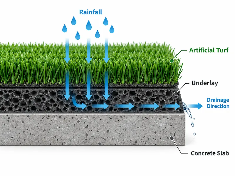 Artificial turf and drainage underlay installed over concrete