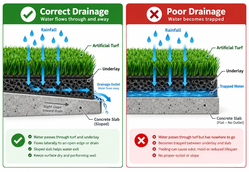 Correct vs poor drainage under artificial turf