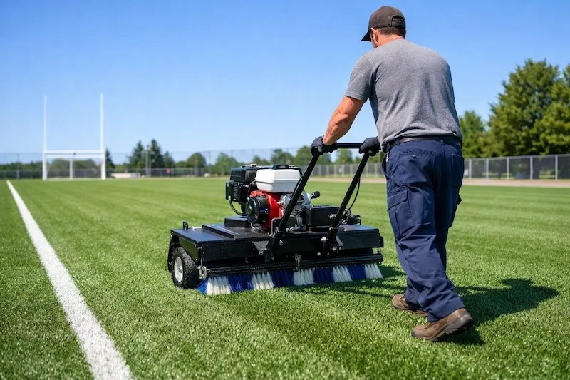 spread infill on large artificial turf field