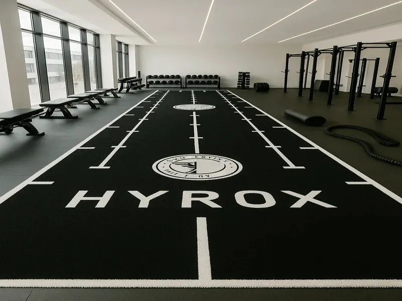 Custom green gym turf with a large tufted Grace Grass logo and branded center-lane artwork.