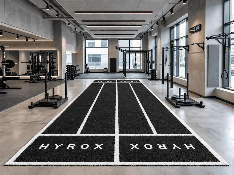 Green sled turf lane installed for permanent use in a commercial gym.