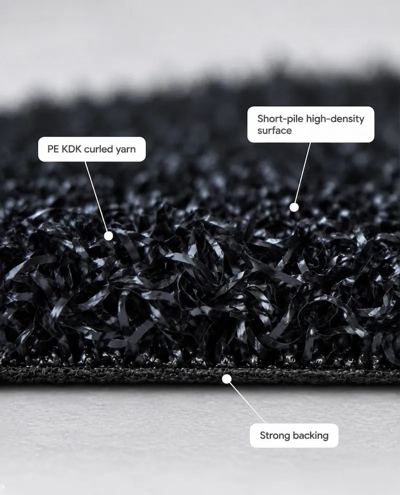 Close-up of short-pile PE KDK curled yarn and backing used for sled push turf.